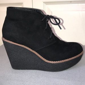 Black Lace up High Heel Platform Wedge Ankle Boots